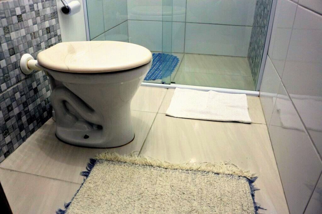 A bathroom with a toilet, a shower, and a rug on the floor.