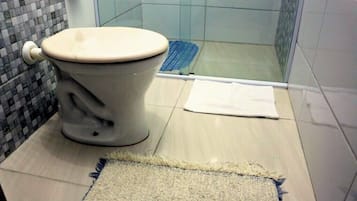 A bathroom with a toilet, a shower, and a rug on the floor.