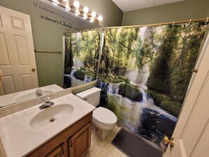 Combined shower/tub, jetted tub, hair dryer, towels