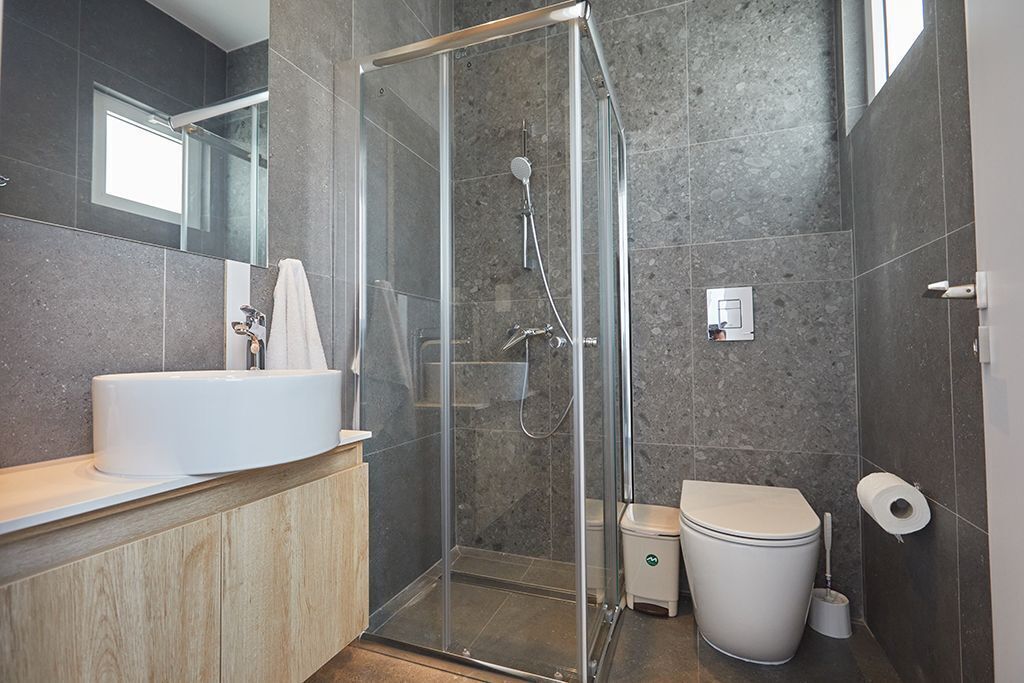 Un baño moderno con ducha de vidrio, lavamanos blanco y un inodoro.