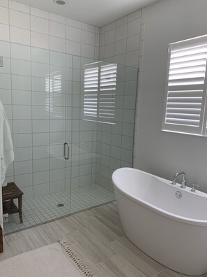 Shower, jetted tub, hair dryer, towels