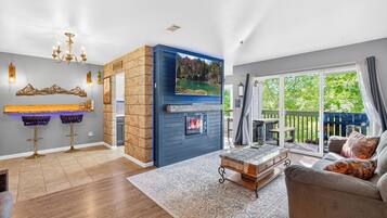 Smart TV, fireplace, books