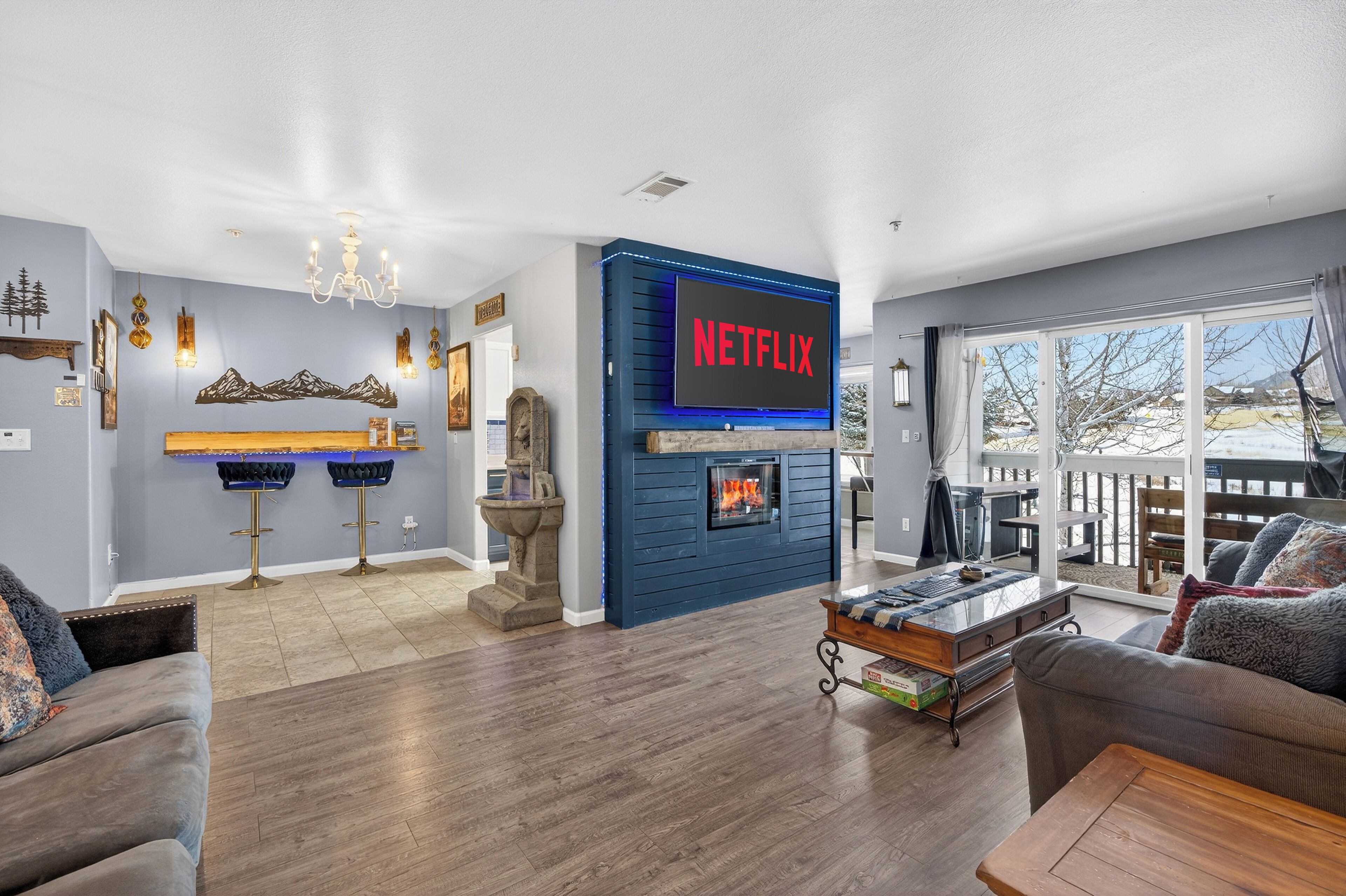 Smart TV, fireplace, foosball, table tennis