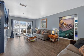 Smart TV, fireplace, books