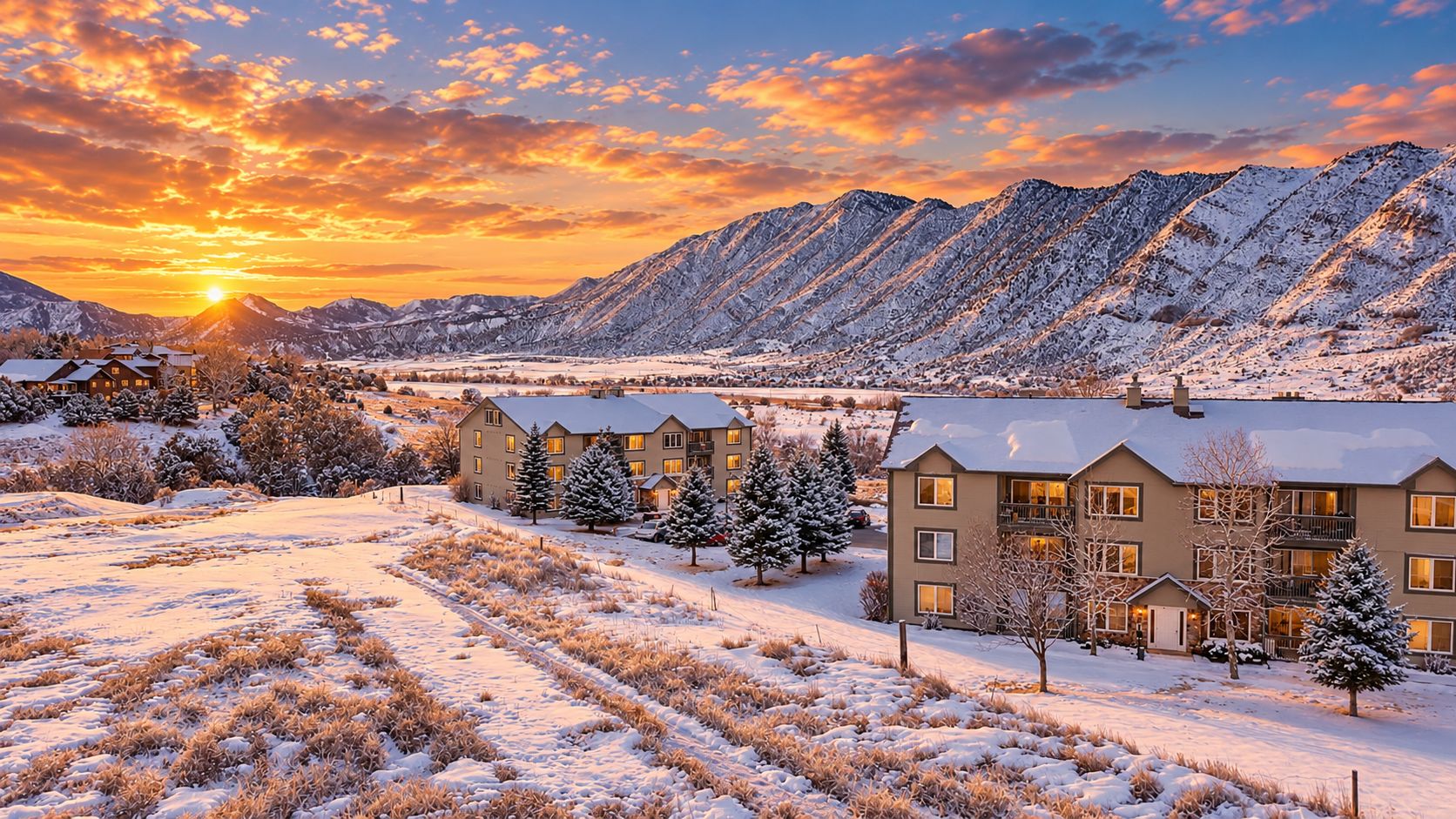 A residential area with snow-covered ground, a row of houses, and mountains in the background.