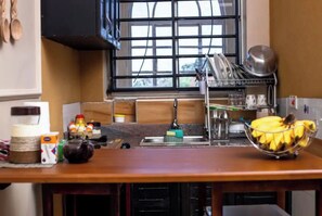 Fridge, microwave, oven, electric kettle
