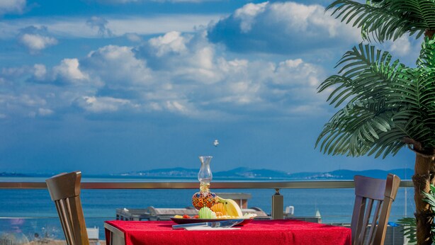 A table with a red tablecloth, a vase, and fruit, overlooking a body of water with mountains in the distance. - Gulec Konak Hotel (Istanbul)