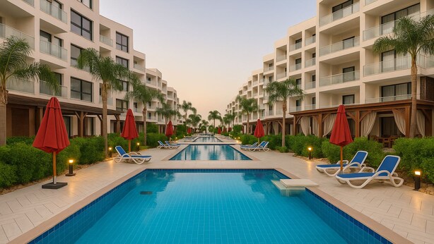 Une piscine entourée de bâtiments à plusieurs étages dotés de balcons, avec des chaises longues et des parasols à proximité.