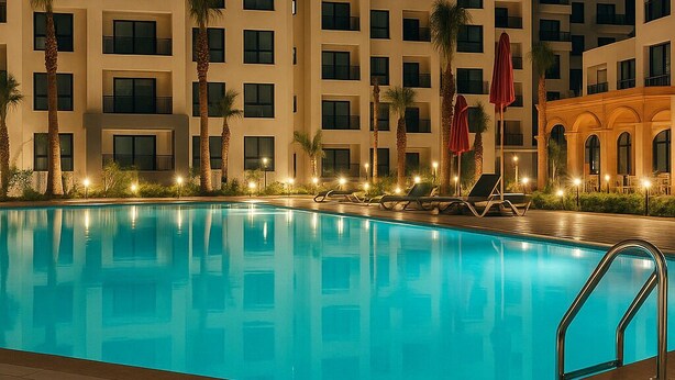 A swimming pool with lounge chairs and umbrellas, surrounded by multi-story buildings with balconies and palm trees. - Luxurious Chalet in Port Said Governorate Stunning Views (Al-Manasrah)