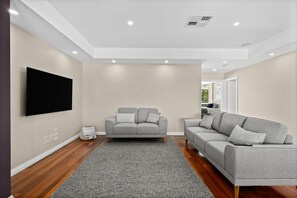 TV, fireplace, books
