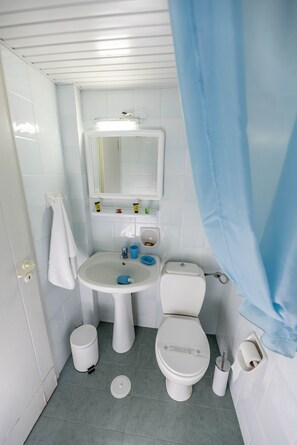 A small, clean bathroom with a toilet, sink, and mirror. - Helen Suites (Hersonissos)