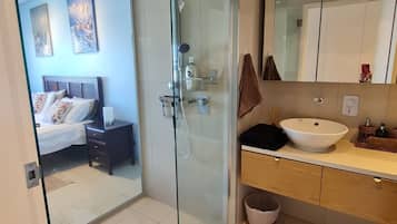 Bathtub, hair dryer, towels, soap
