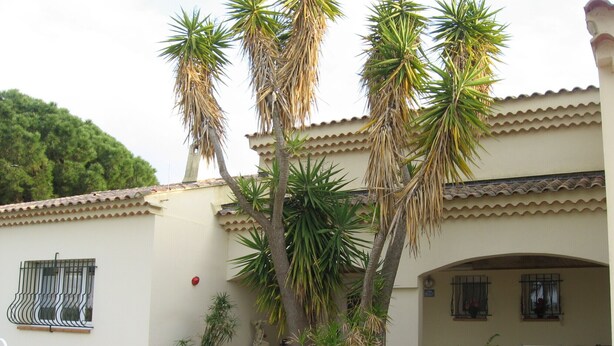 A building with a tiled roof, a white wall, and a small patio area with a table and chairs.