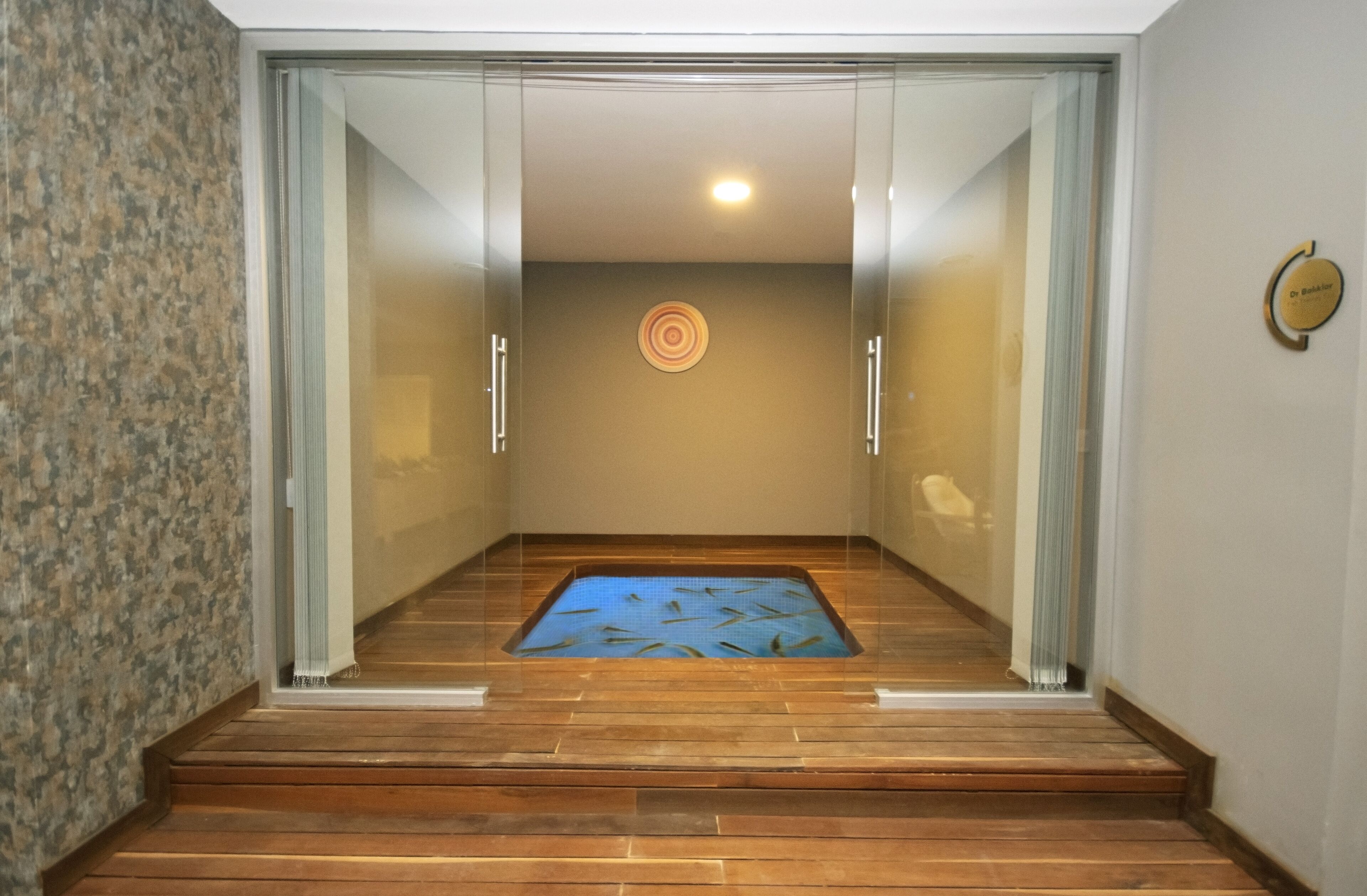 Un pasillo con una puerta de cristal que da a una habitación con un tapete azul y un diseño circular en la pared.