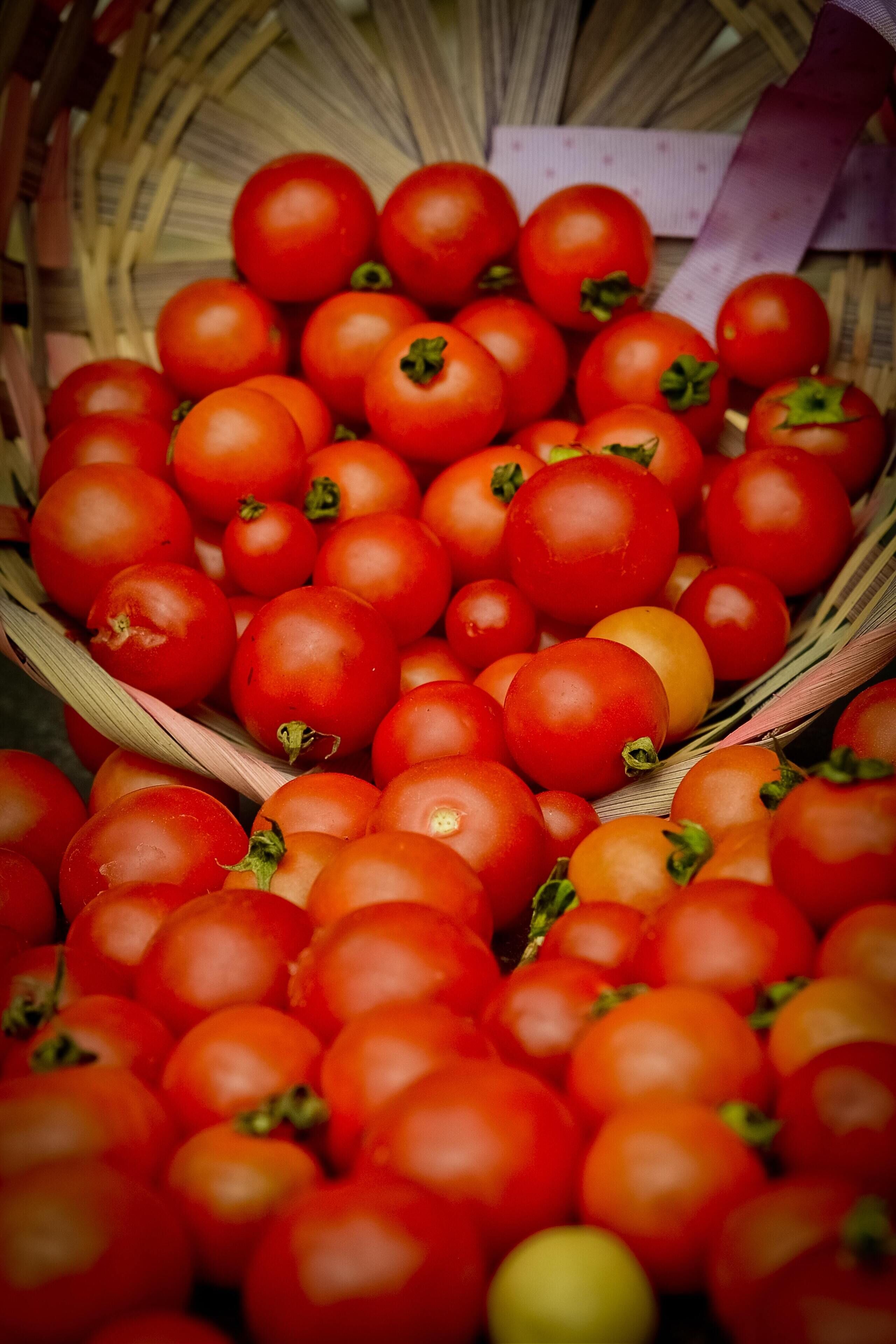 A basket filled with tomatoes.