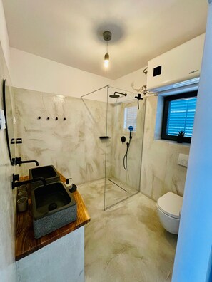 Shower, hair dryer, towels, toilet paper