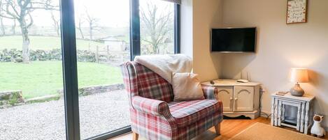 Ein gemütliches Zimmer mit einem Karottenmuster-Sessel, einem Flachbildfernseher und einem kleinen Tisch mit einer Lampe.