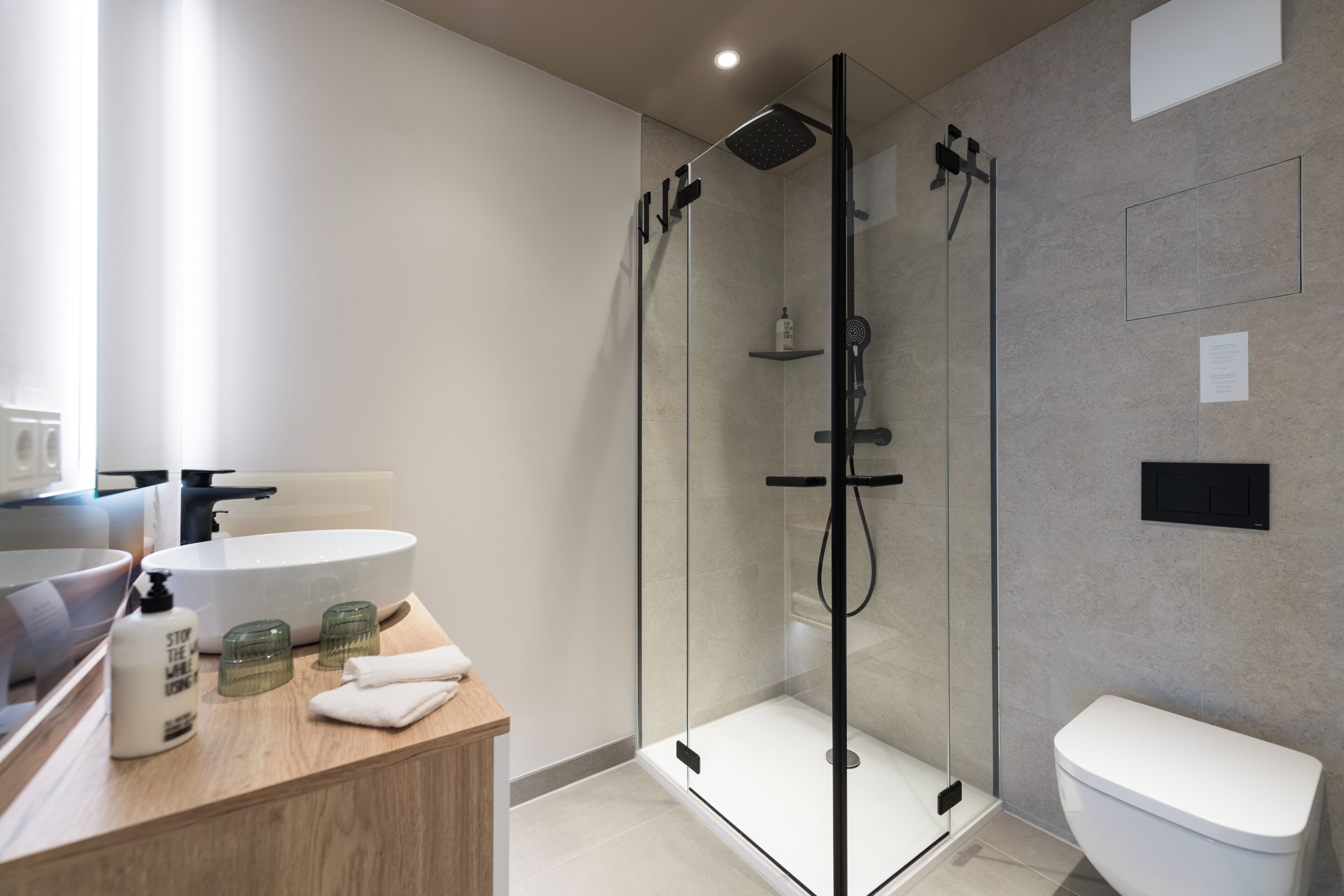 A modern bathroom with a glass-enclosed shower, a white sink, and a toilet.