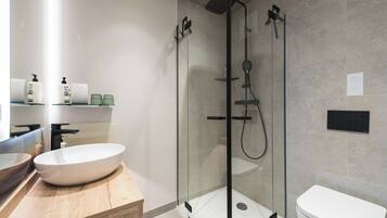 Shower, hair dryer, bathrobes, slippers