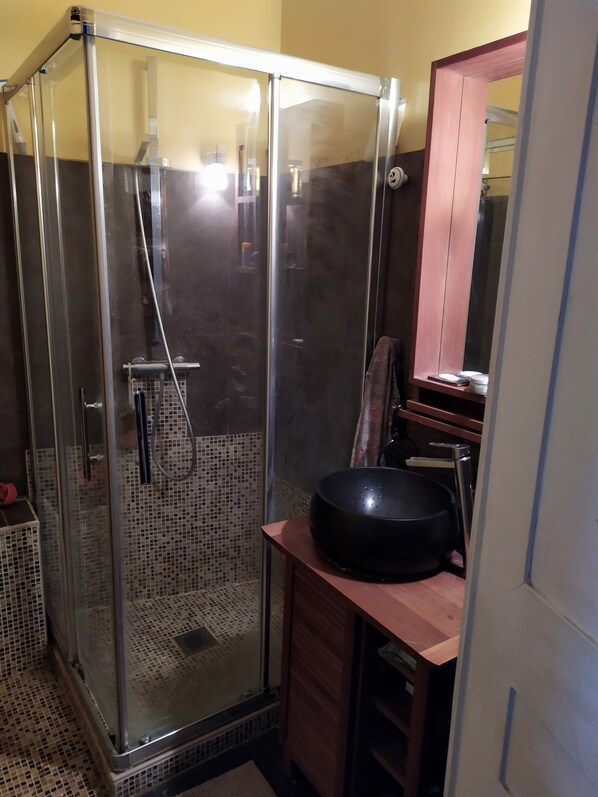 Douche, séchoir à cheveux, serviettes fournies