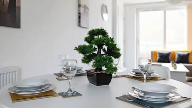 Ein Esstisch mit Tellern, Gläsern und Besteck, in dessen Mitte ein Bonsai-Baum steht.