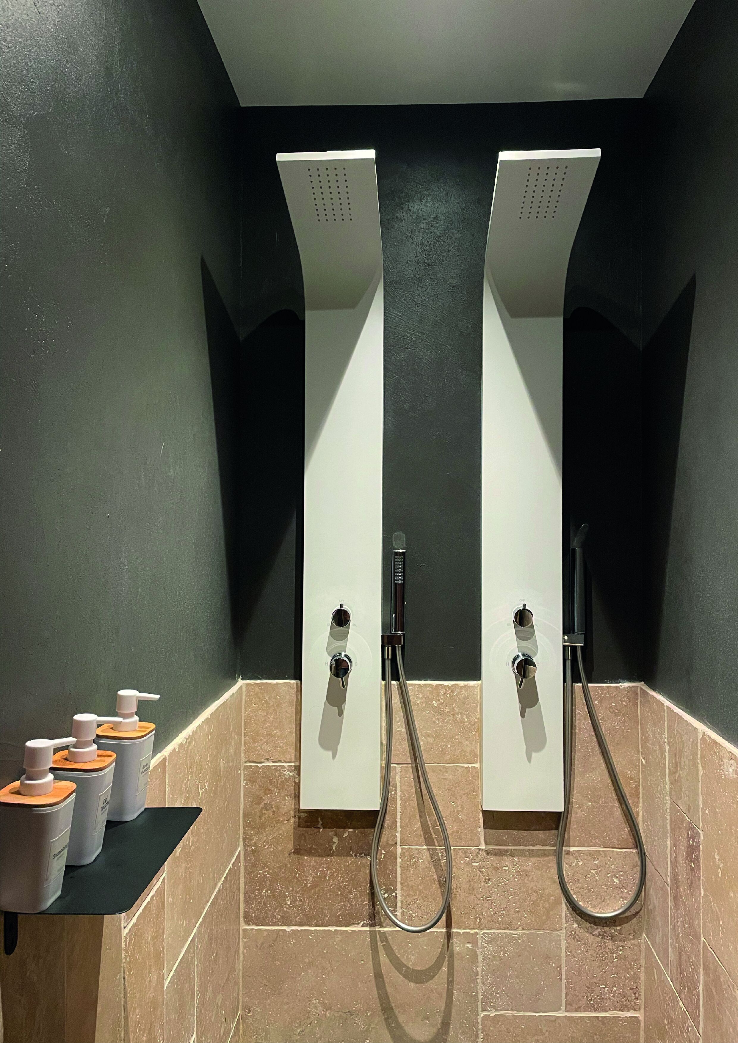 Une salle de bain avec deux pommes de douche, un distributeur de savon et une petite étagère contenant des articles de toilette.