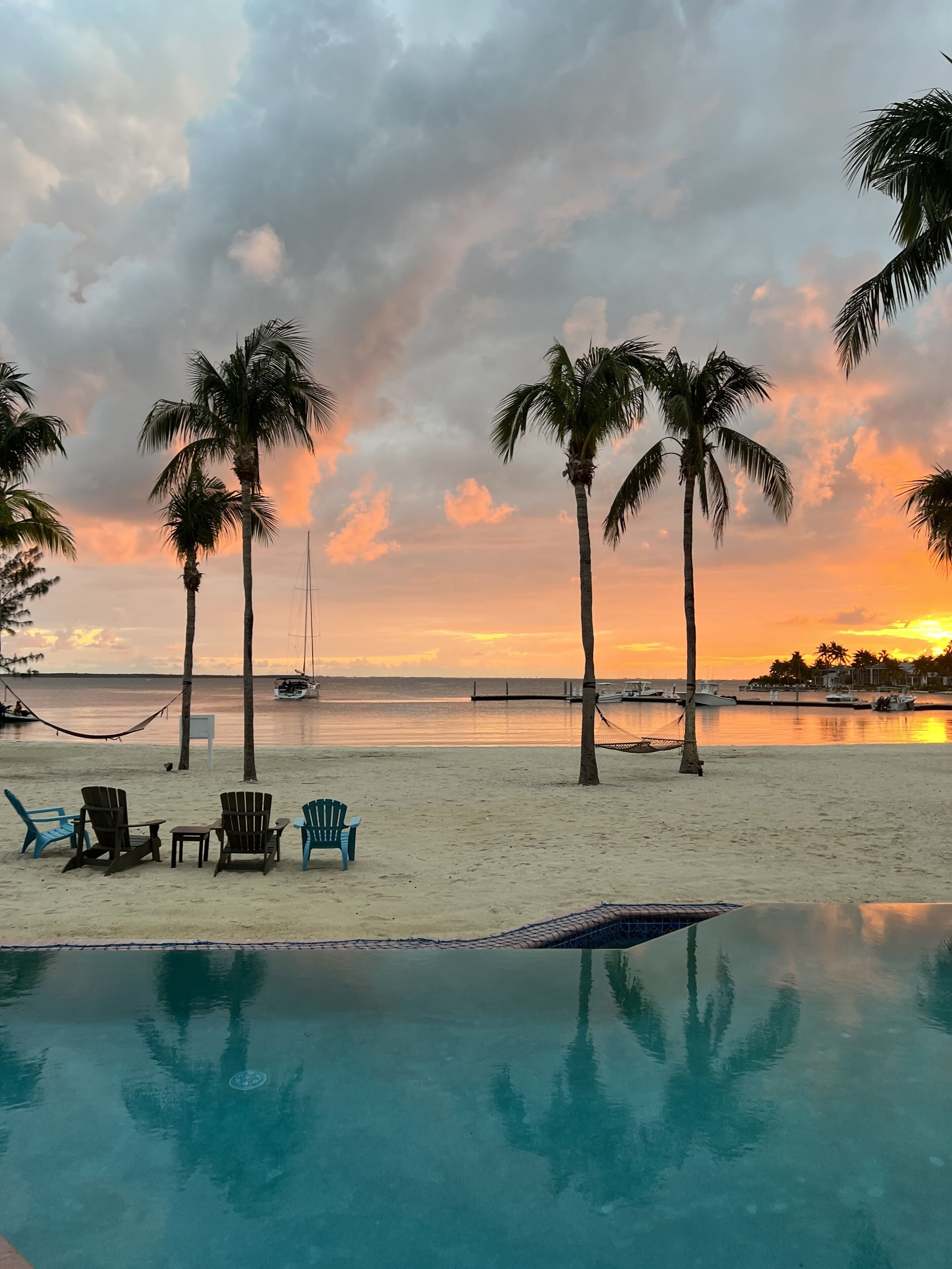 A beach with palm trees, a pool, and a sunset view.