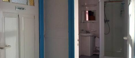 A bathroom with a sink, mirror, and shower.