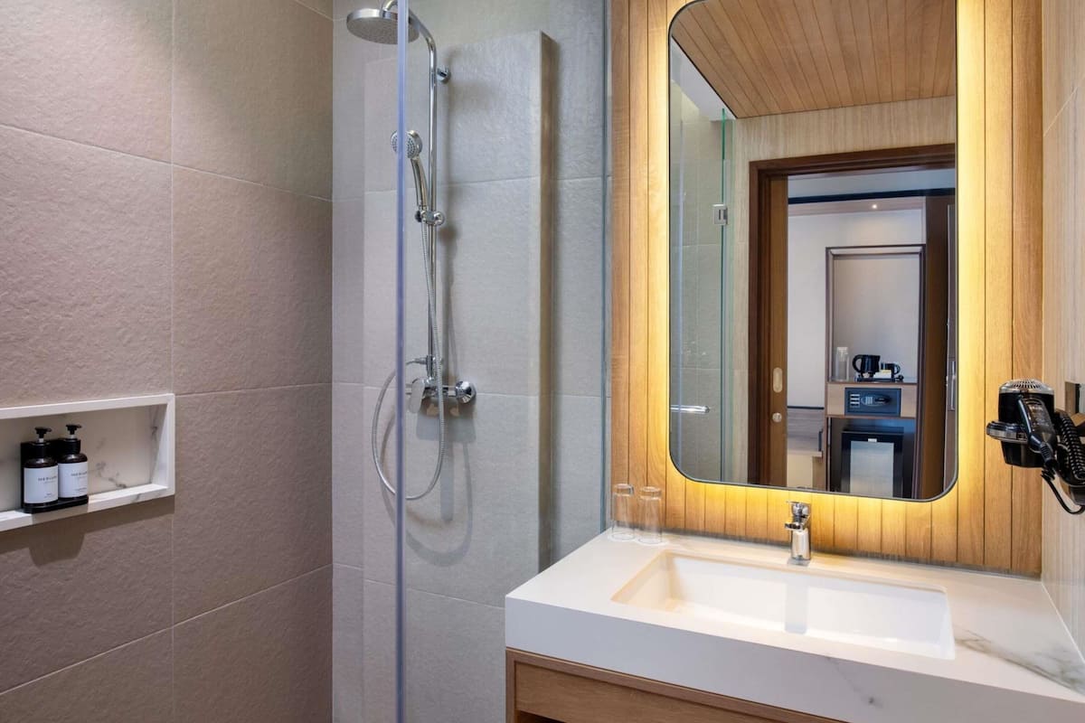 Une salle de bain moderne avec une douche, un lavabo et un miroir.