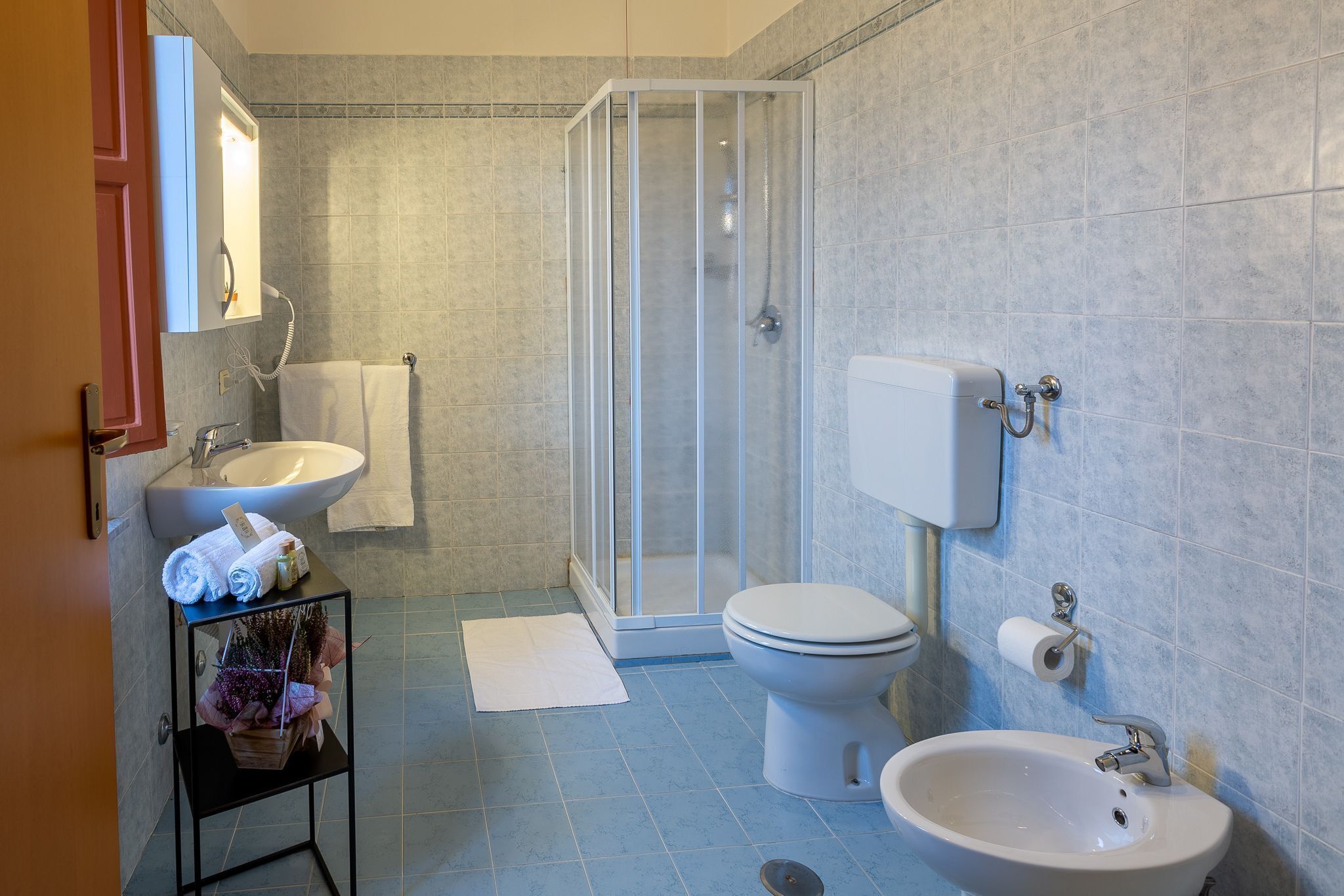 A modern bathroom with a glass-enclosed shower, a white sink, a toilet, and a bidet.