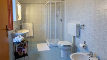 A modern bathroom with a glass-enclosed shower, a white sink, a toilet, and a bidet.