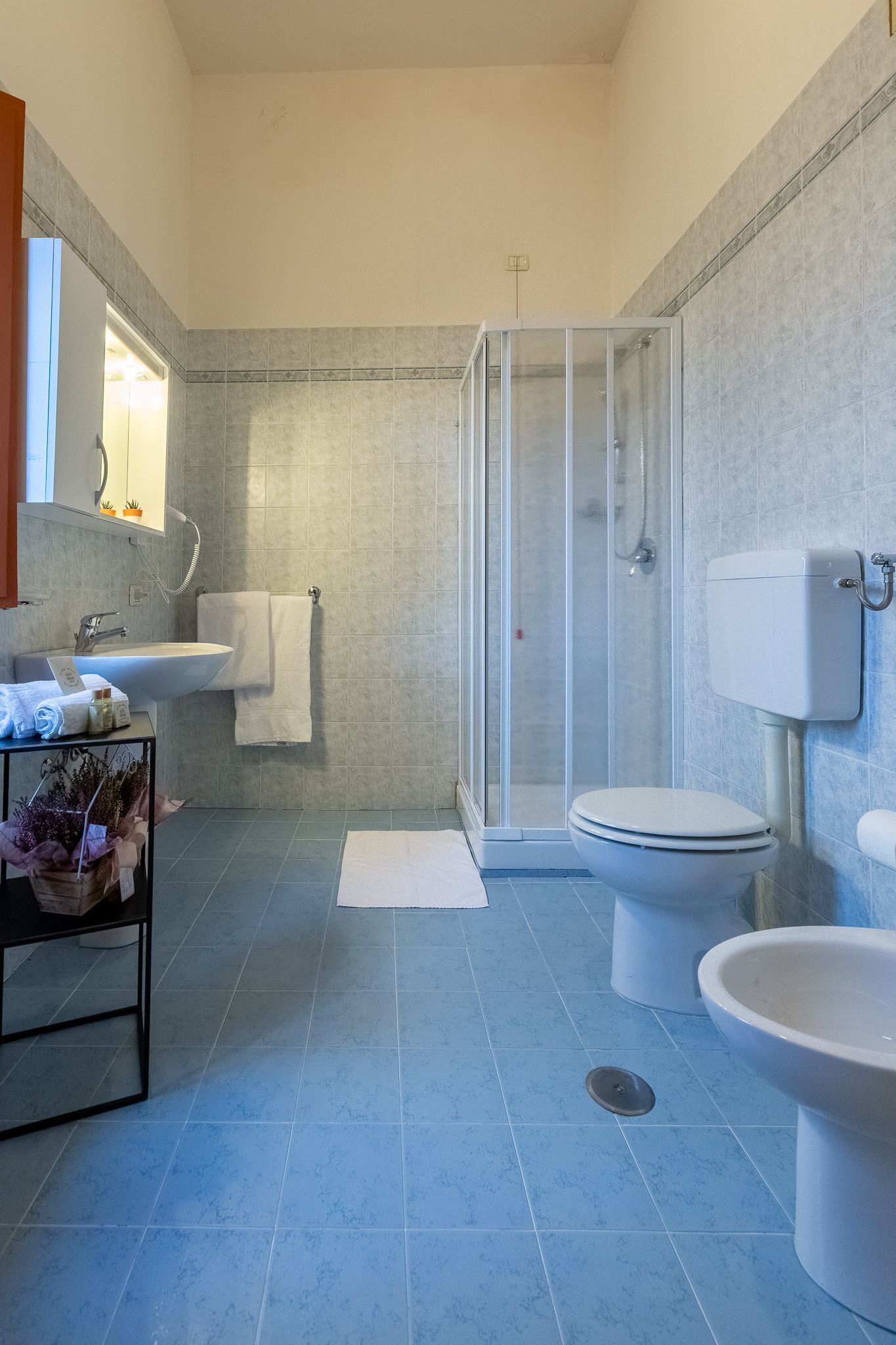 A modern bathroom with a glass shower enclosure, a white sink, and a toilet.
