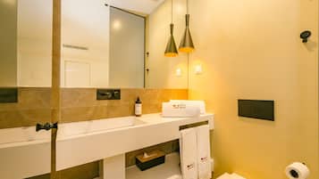 Shower, eco-friendly toiletries, hair dryer, towels