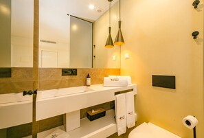 Shower, eco-friendly toiletries, hair dryer, towels