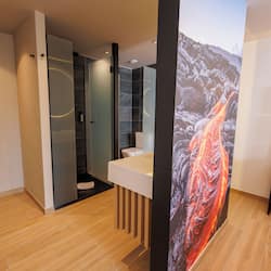 Shower, rainfall showerhead, hair dryer, towels