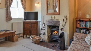 Ein gemütliches Wohnzimmer mit Kamin, Fernseher und Bücherregal.