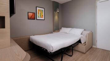 A modern room with a bed, a sofa, a TV, and artwork on the wall.