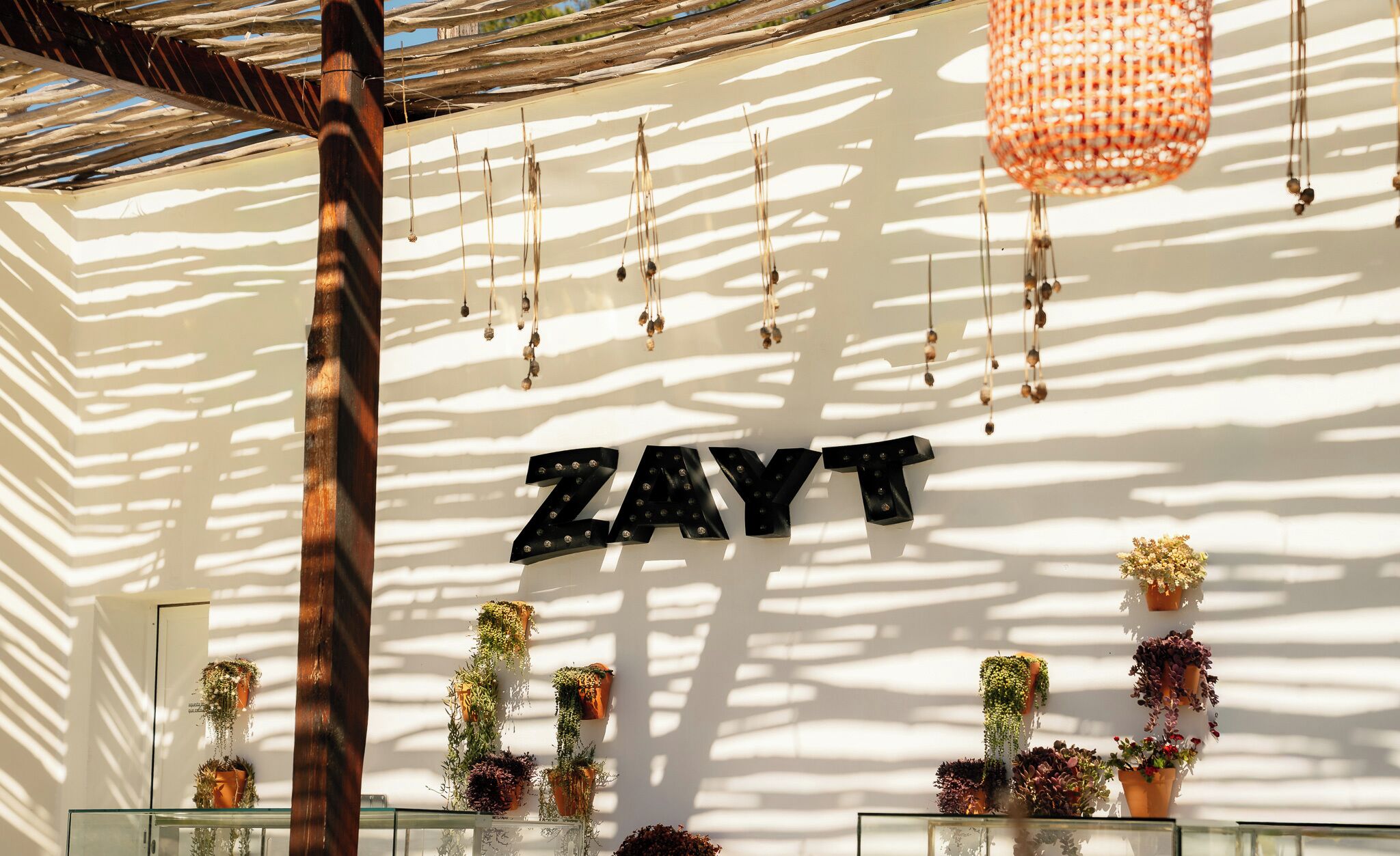 A room with a white wall, a wooden column, hanging plants, and a sign that reads 'ZAYT'.