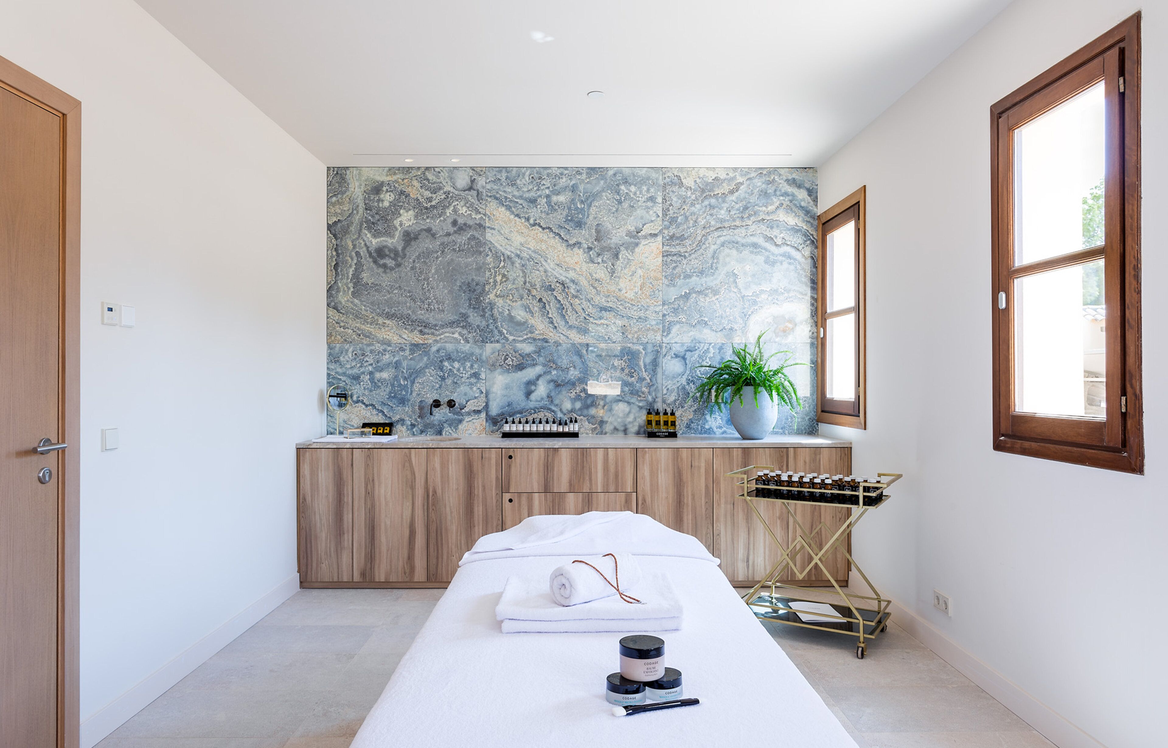 A spa room with a massage table, a large marble wall, wooden cabinets, a plant, and a window.