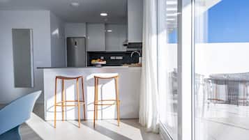 Departamento Premium, 3 habitaciones, vista al mar (Penthouse) | Cocina privada | Microondas, horno, parrilla de estufa y lavavajillas