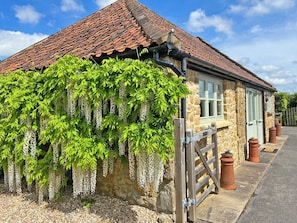 A stone building with a tiled roof, a wooden gate, and hanging white flowers.