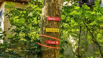 Un árbol con carteles que dicen 'Resire', 'Rel.Axe' y 'PARE'.