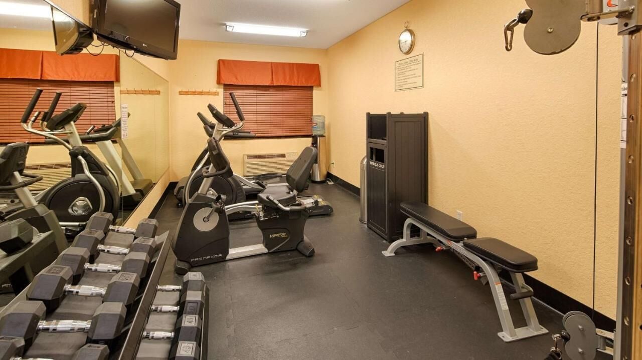 Un gimnasio con cintas de correr, mancuernas, un banco y un televisor en la pared.
