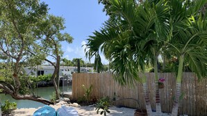 A backyard with a pool, palm trees, and a wooden fence. - Gorgeous 3/2 SFH brand-new pool & spa,30ft dockage (Marathon)