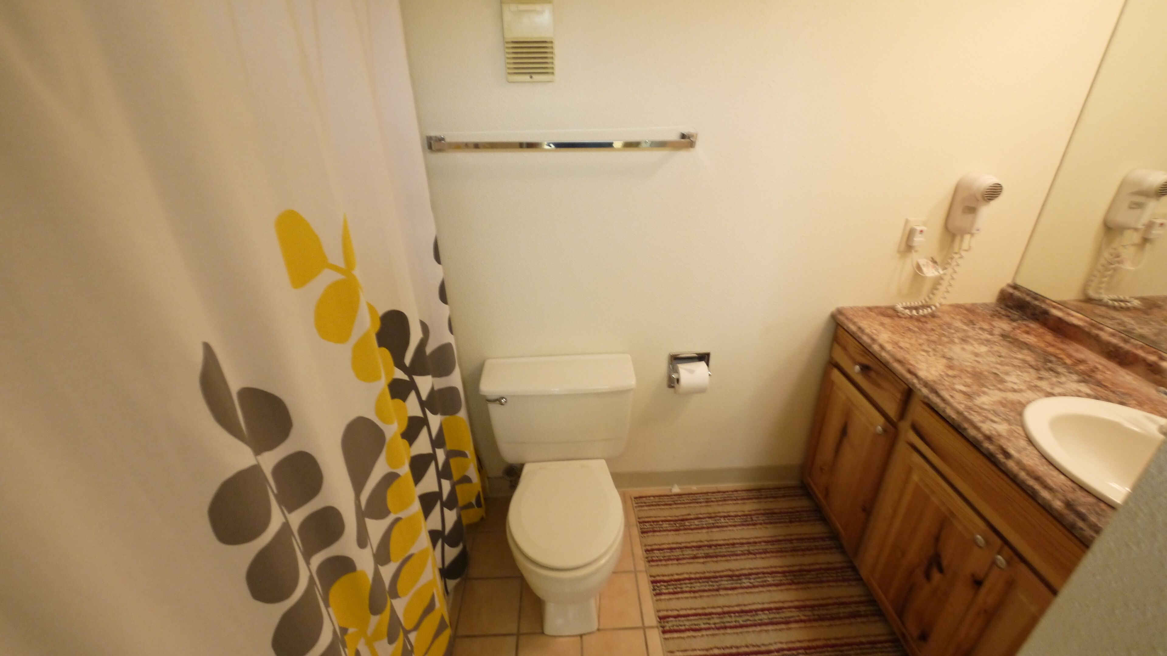 A small bathroom with a toilet, a sink, and a shower curtain with a leaf pattern.