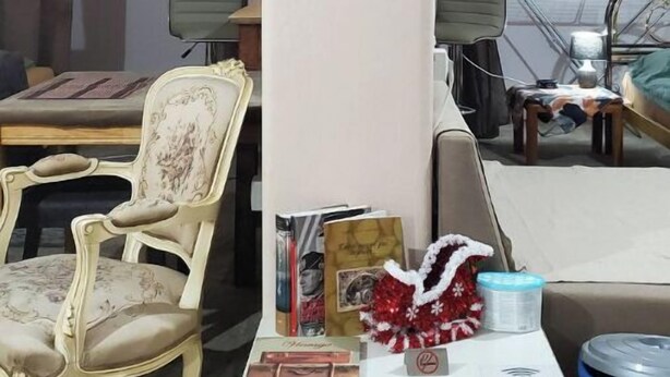 Un espace de vie compact comprenant un canapé, un fauteuil décoratif, une petite table avec des livres et un objet décoratif rouge, ainsi qu’un lit avec un cadre en métal.