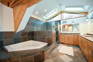 Jetted tub, towels, soap, toilet paper