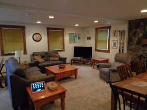 Smart TV, fireplace, DVD player, books