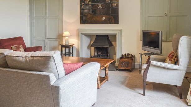 A living room with a fireplace, a television, and a painting on the wall.