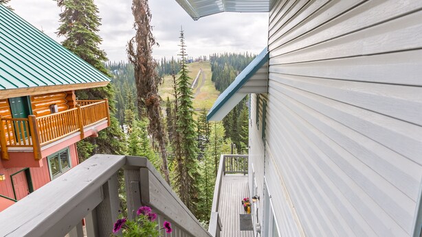 A wooden staircase leading to a balcony with a flower pot. - 3 Bed/2 Bath Home w/amazing views, BBQ, laundry, close to village & trails (Star Mountain)